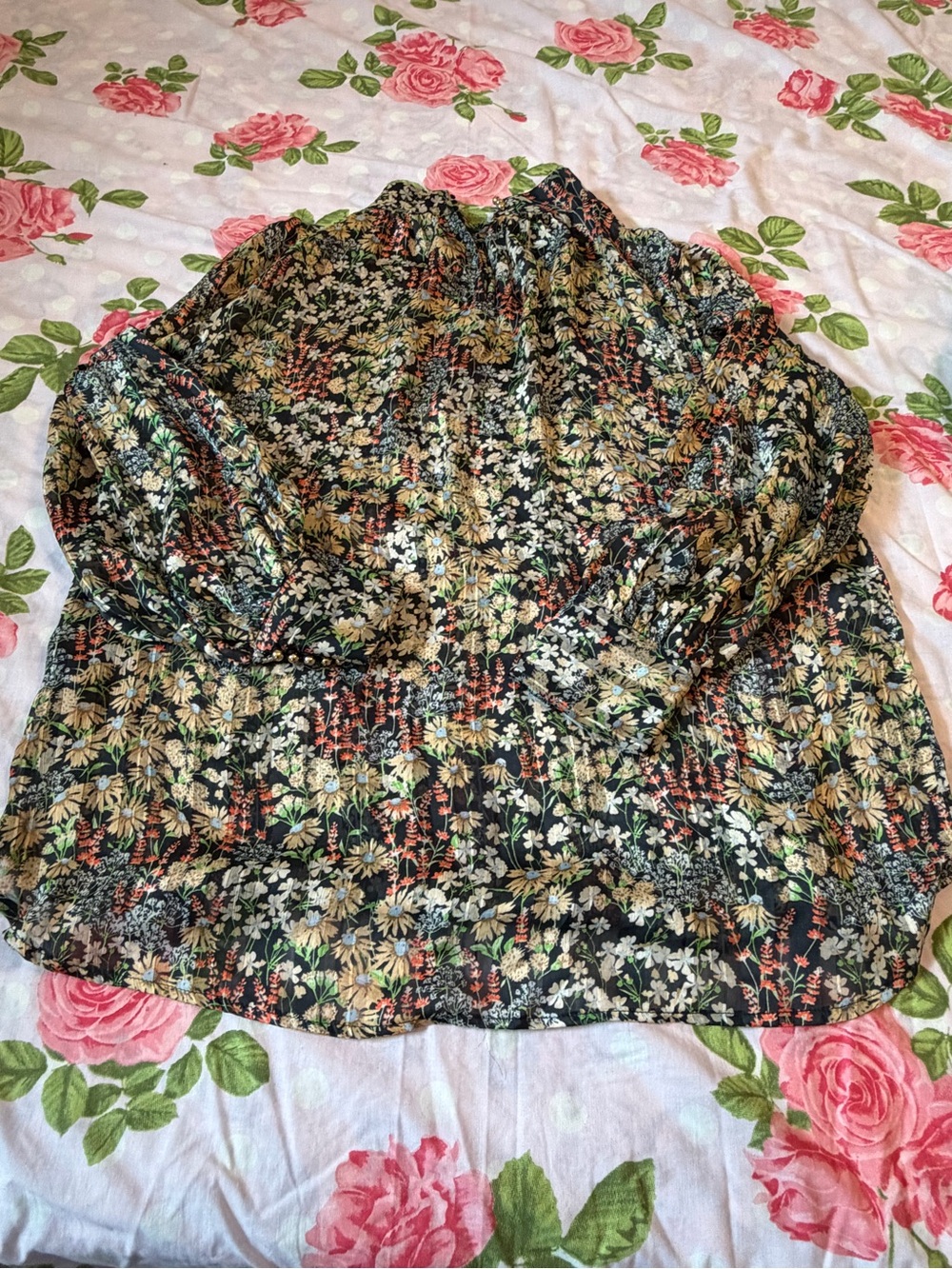 H&M Black Floral Smocked-Neck Long-Sleeve Blouse